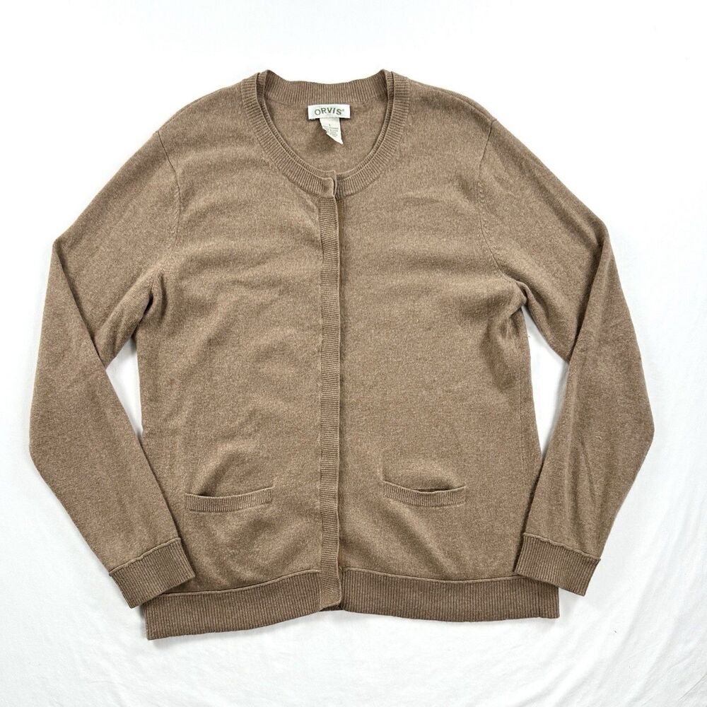 Orvis Cashmere Cardigan Sweater Womens Large Brown Snap Close Pockets Academia